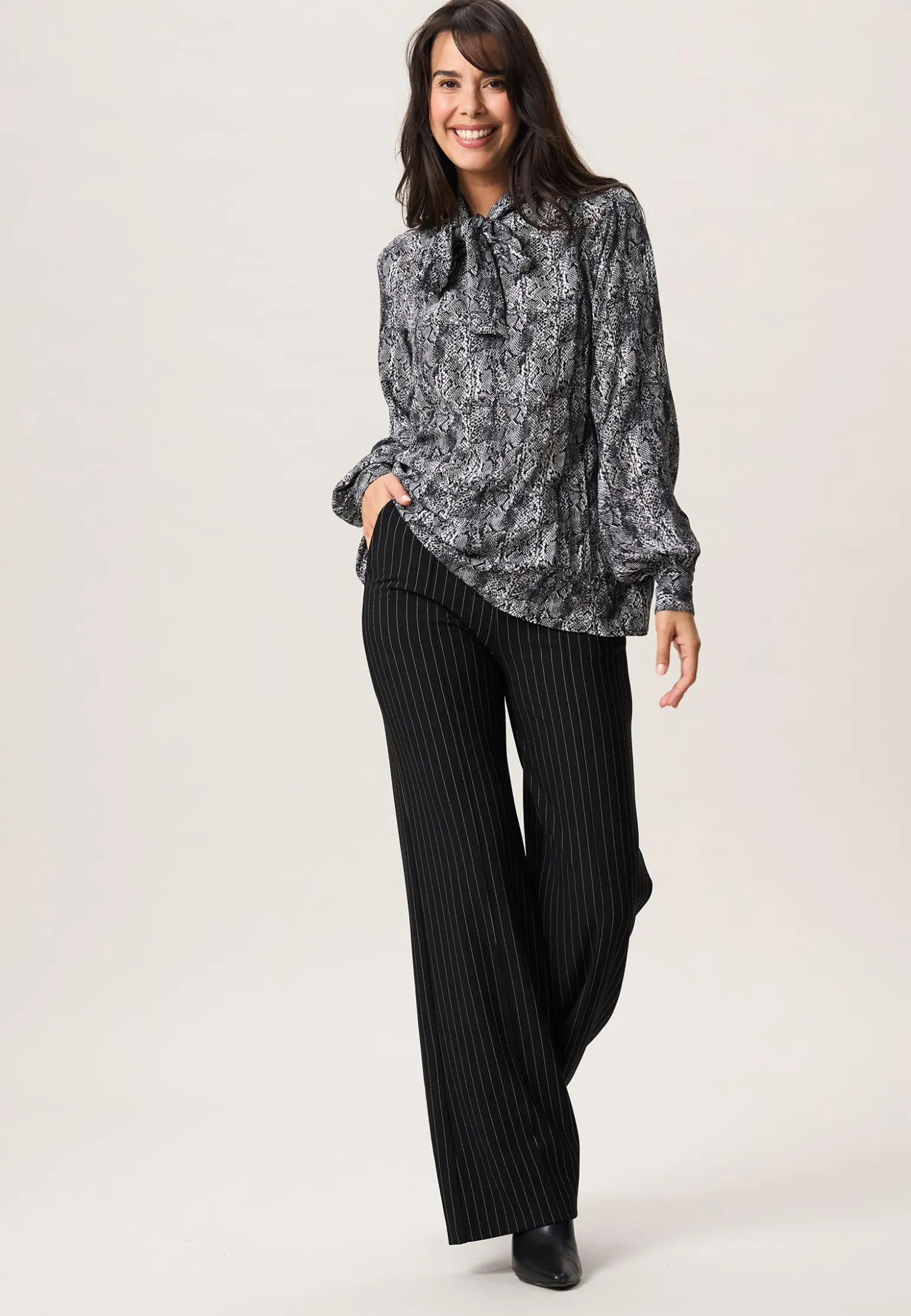 Clearance Miss Etam Blouse print strikdetail grijs zwart Multi zwart