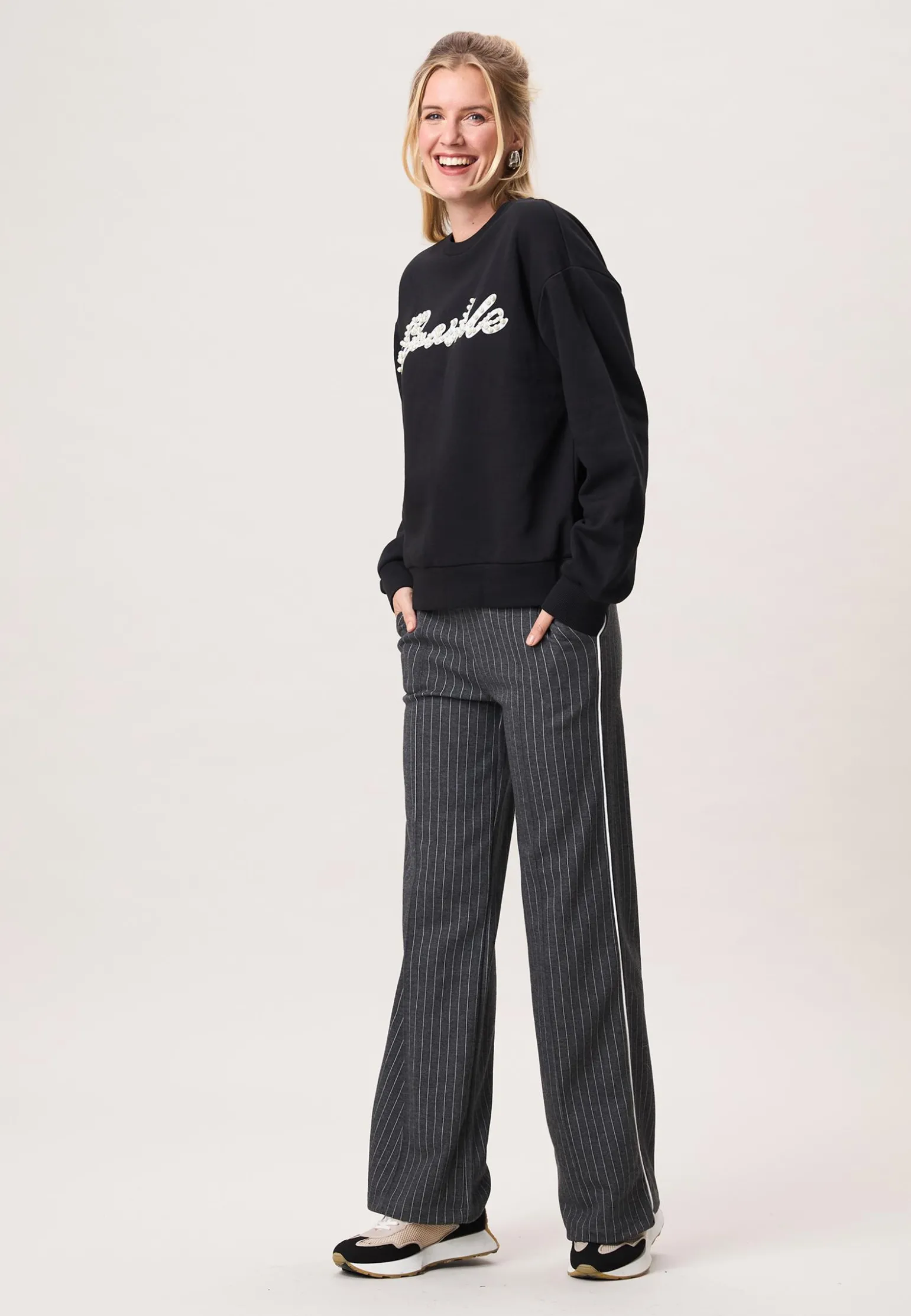Hot Miss Etam Broek wide leg grijs pinstripe 32" Multi dark grey