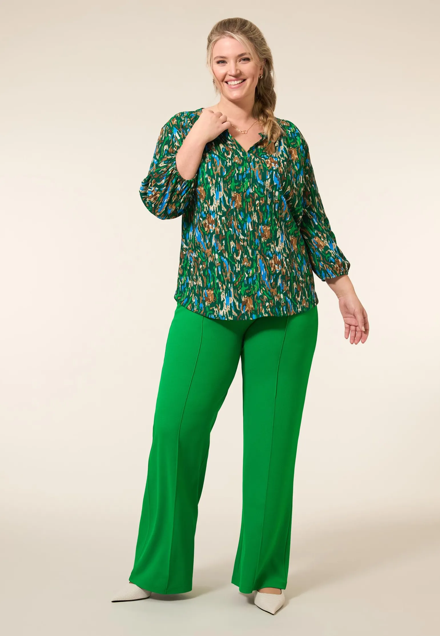 Online Miss Etam Broek wide leg groen 32" Jelly bean green