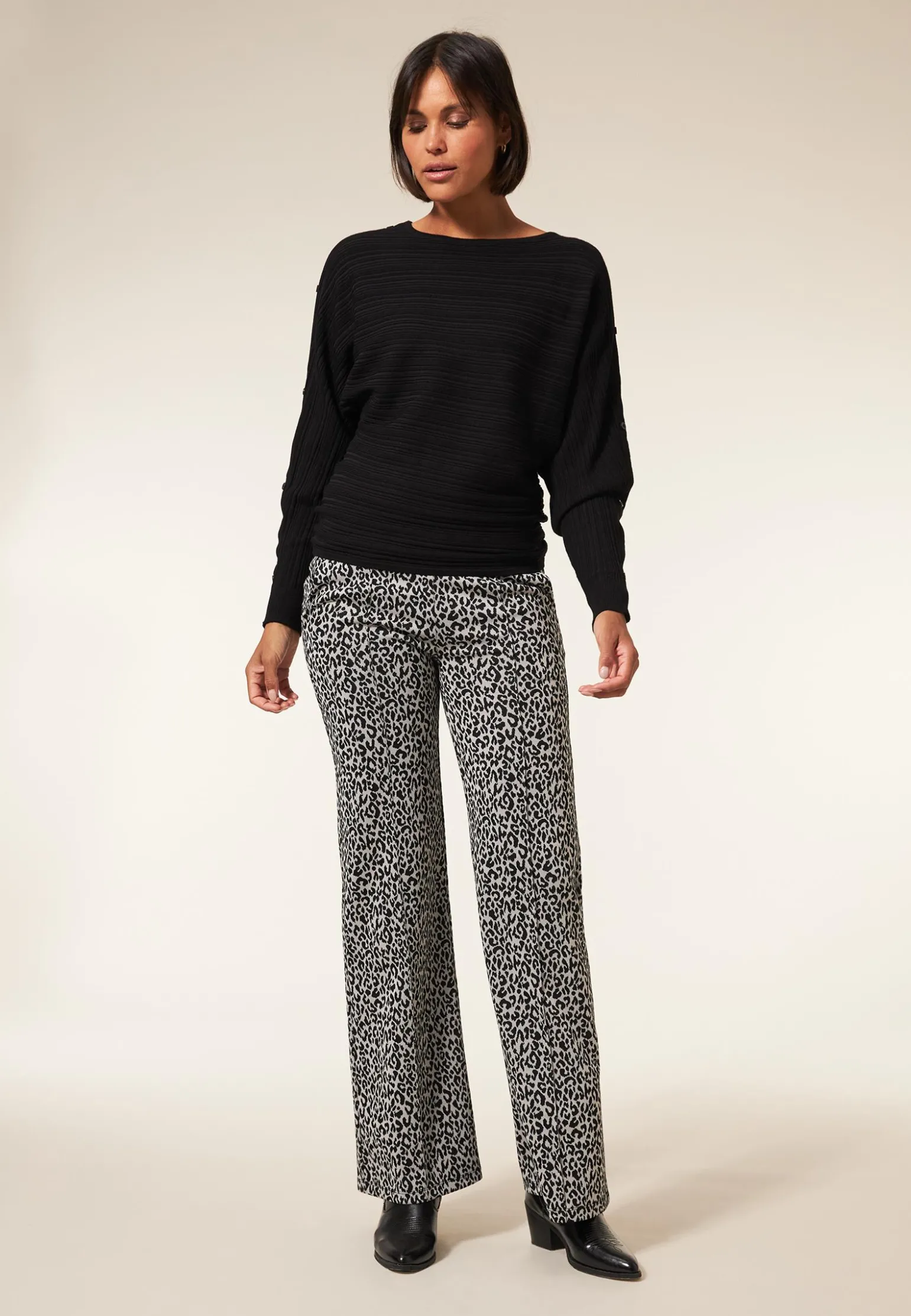 Clearance Miss Etam Broek wide leg jacquard print zwart 32" Multi zwart