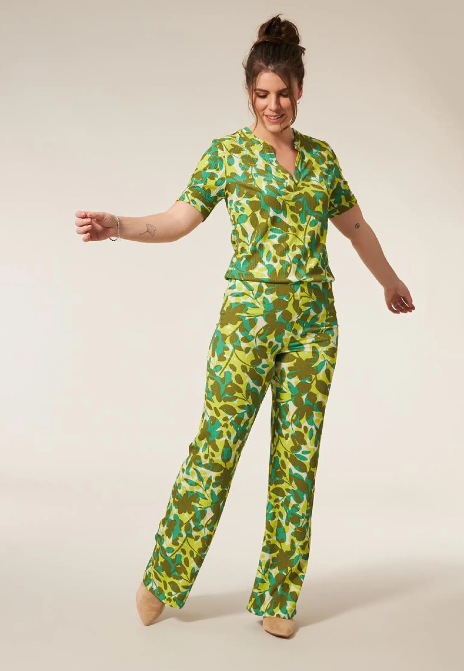Discount Miss Etam Broek wide leg print groen 32" Multi spicy green