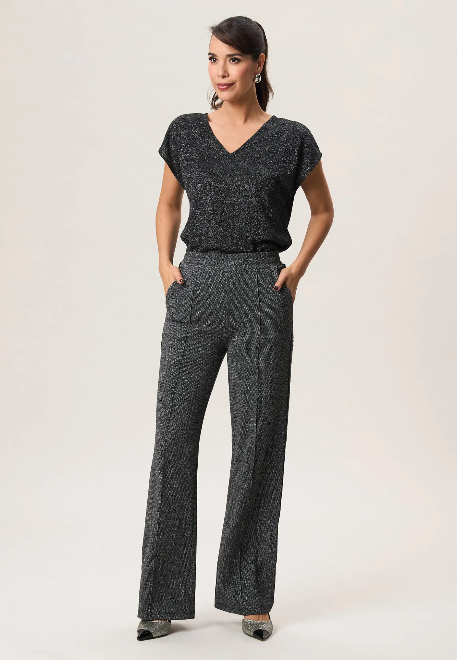 Sale Miss Etam Broek wide leg tape grijs zwart 32" Multi grey