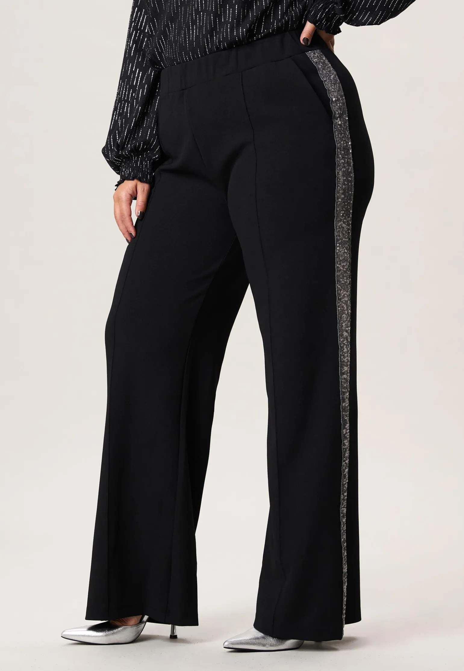 Sale Miss Etam Broek wide leg tape zwart zilver 32" Multi silver