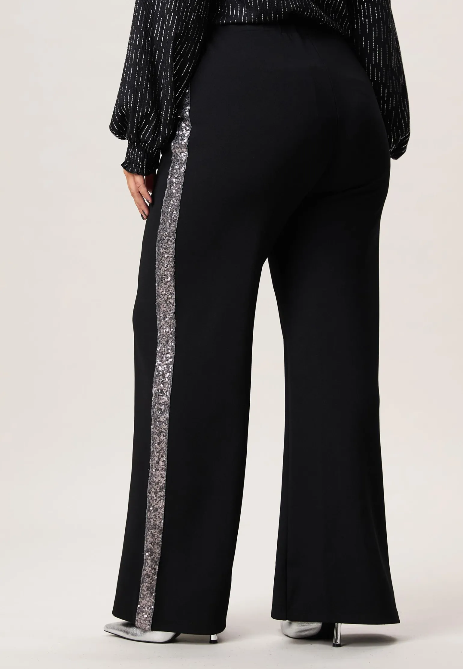 Sale Miss Etam Broek wide leg tape zwart zilver 32" Multi silver