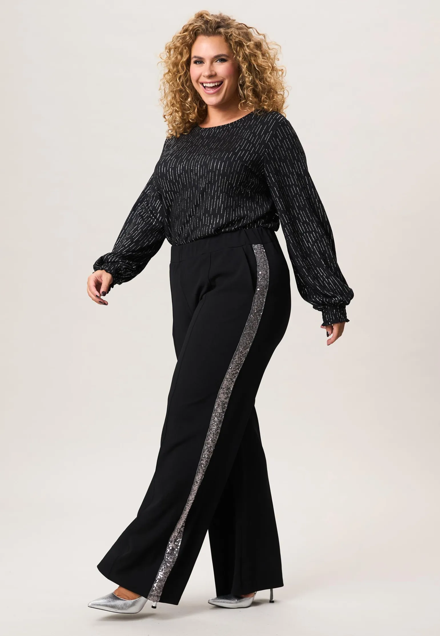 Sale Miss Etam Broek wide leg tape zwart zilver 32" Multi silver