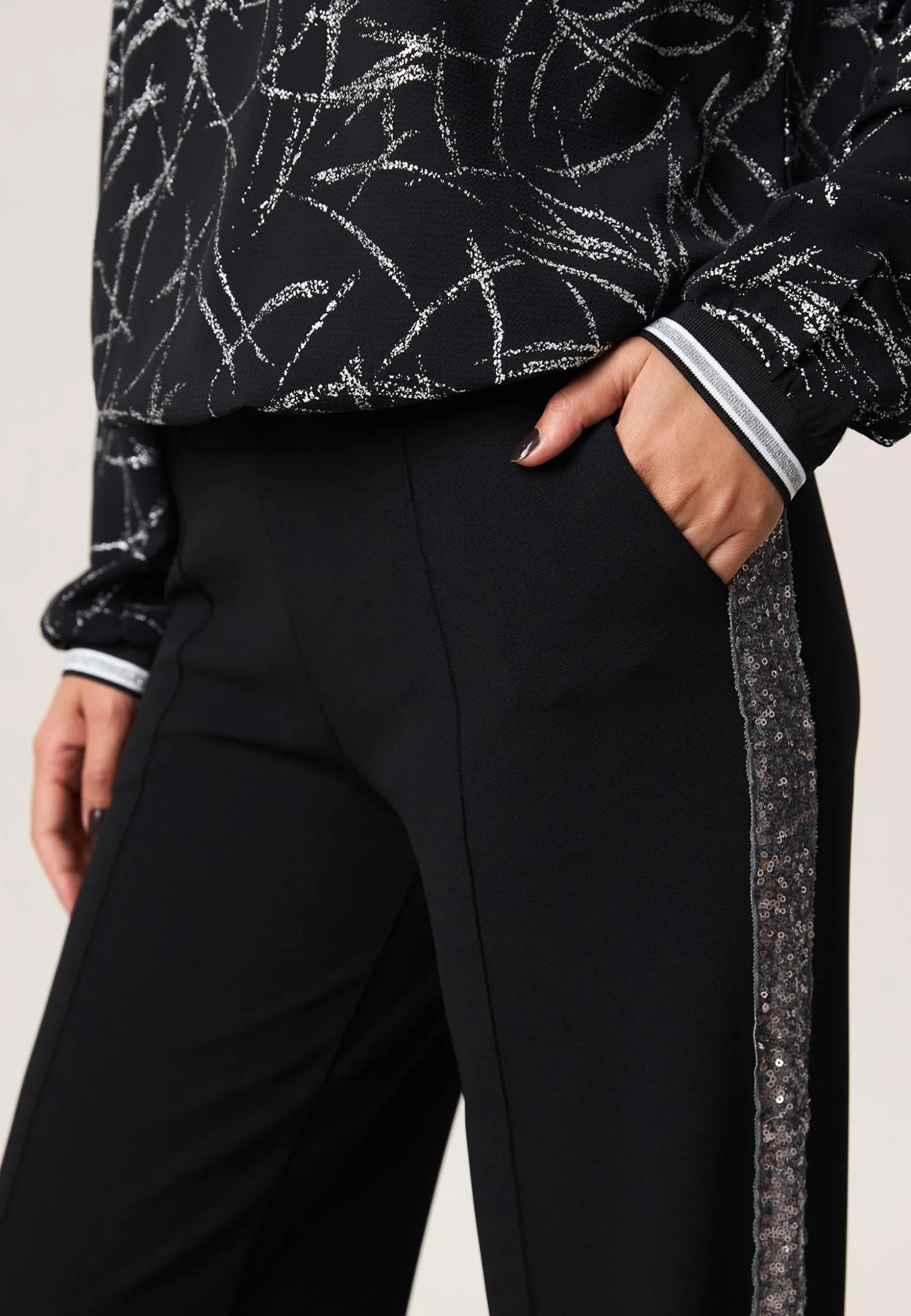 New Miss Etam Broek wide leg tape zwart zilver 32" Multi silver