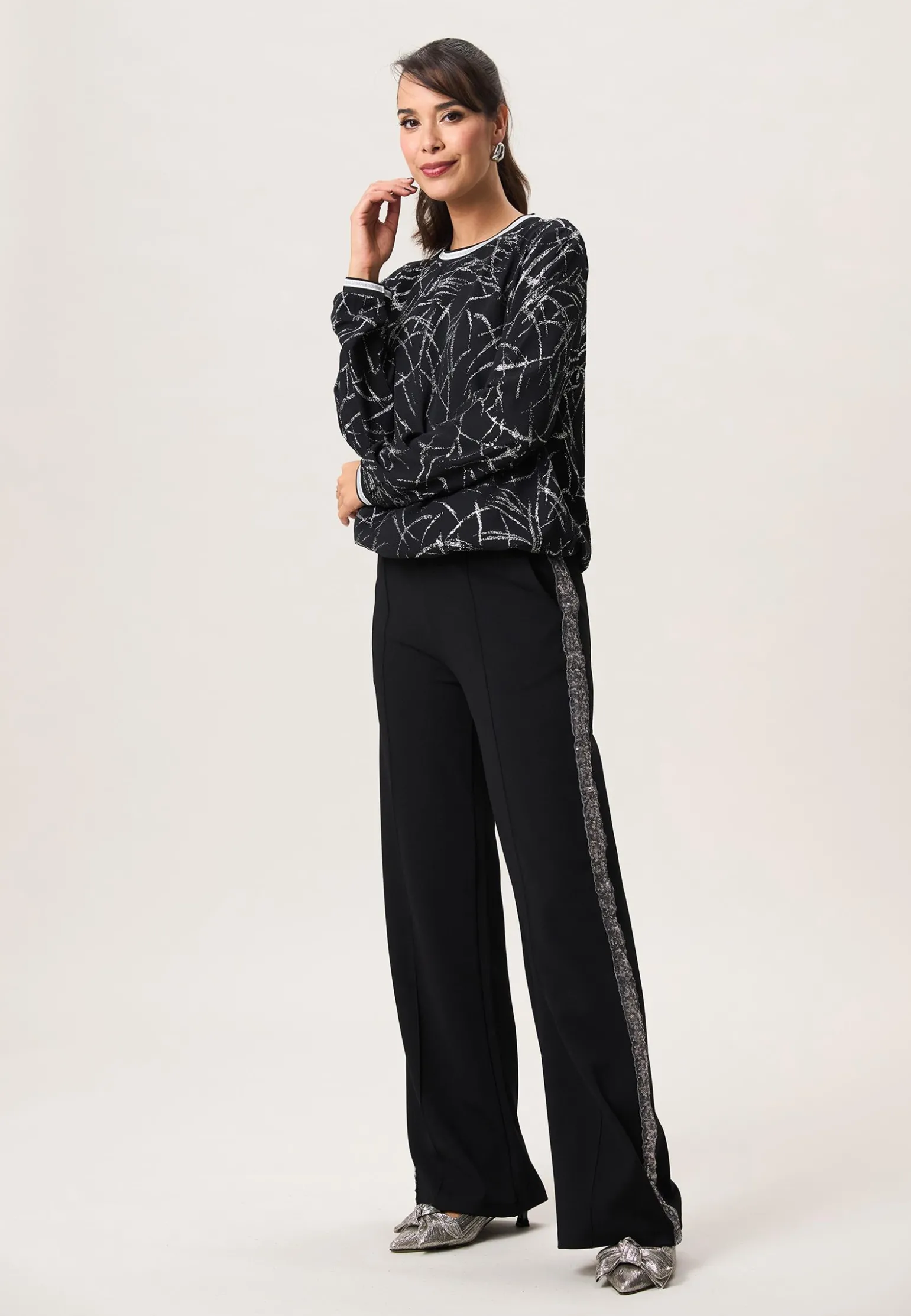 New Miss Etam Broek wide leg tape zwart zilver 32" Multi silver