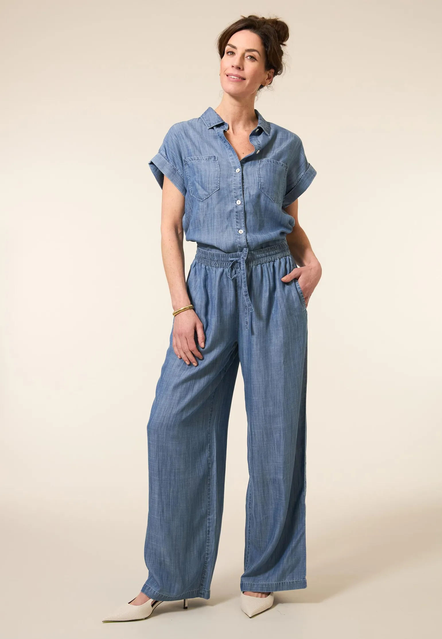 Best Miss Etam Broek wide leg tencel blauw 32" Medium denim